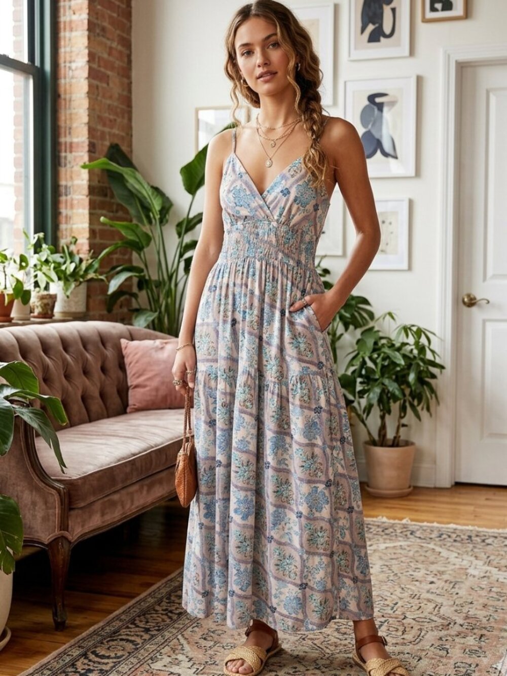 MONTEAU NWT Linen Blend Blue Floral Smocked Maxi Dress S Boho Pockets